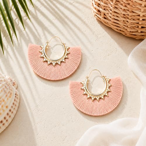 Tassel Hoop Earring Statement Thread Dangle Earrings Stylish Long Fringe Drop Earrings Lightweight Long Swingy French Hook Earrings for Women - color: B Pink