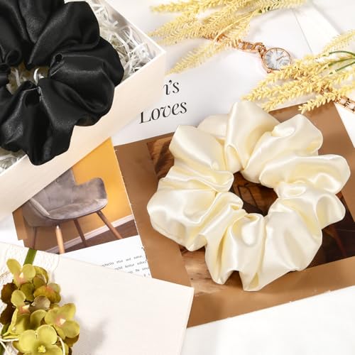 2 PCS Black Beige Jumbo Satin Silky Scrunchies 6.5 Inches Oversized Scrunchie Extra Large Big Hair Ties Ponytail Holder for Thick Curly Hair Women (Black, Beige) - color: Black, Cream