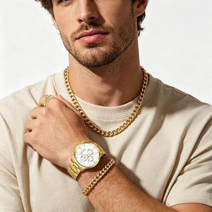 NEWITIN 4 Pieces Black Jewelry Set for Men Stainless Steel Watch Necklace Bracelet Ring Fashion Black Wristwatch Cuban Link Chain Cuban Jewelry Set for Men - color: Gold