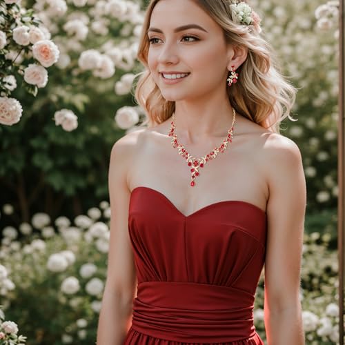 BriLove Wedding Jewelry Set for Women Bride, Y-Necklace Dangle Earrings Crystal Teardrop Leaf Flower Cluster Bridal Bridesmaid - color: 06-Ruby Color Gold-Tone