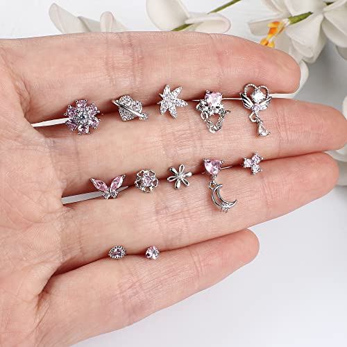 Sanfenly 12 PCS 20G Nose Rings Surgical Stainless Steel, L Shaped Nose Studs for Women Men, CZ Heart Butterfly Flower Leaf Moon Dangle Cute Nose Piercings Studs Screw Jewelry Pink/Purple/Blue/Clear - color: Pink