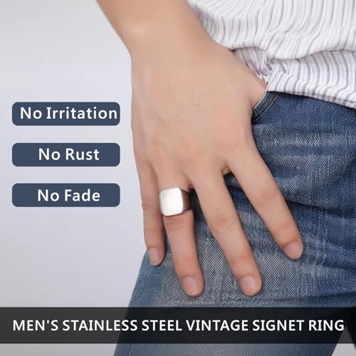 Men's Stainless Steel Square Biker Signet Ring, Black Silver Gold Styles | plain flat top, polished and brushed finish options, chunky profile, pinky or thumb styling, gift-ready for dad or him - color: Silver