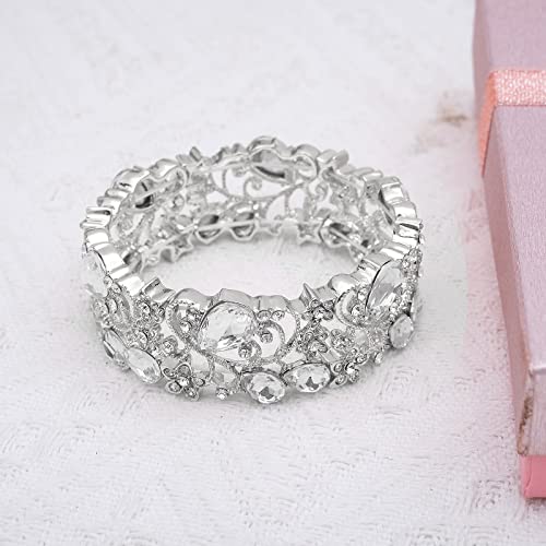 CSY Elegant Crystal Costume Jewelry Sets Flower Bridal Necklace Earrings Stretch Bangle Set for Bride Bridesmaid Wedding Dress Accessories - color: white crystal-silver tone