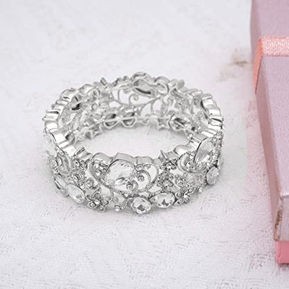 CSY Elegant Crystal Costume Jewelry Sets Flower Bridal Necklace Earrings Stretch Bangle Set for Bride Bridesmaid Wedding Dress Accessories - color: white crystal-silver tone