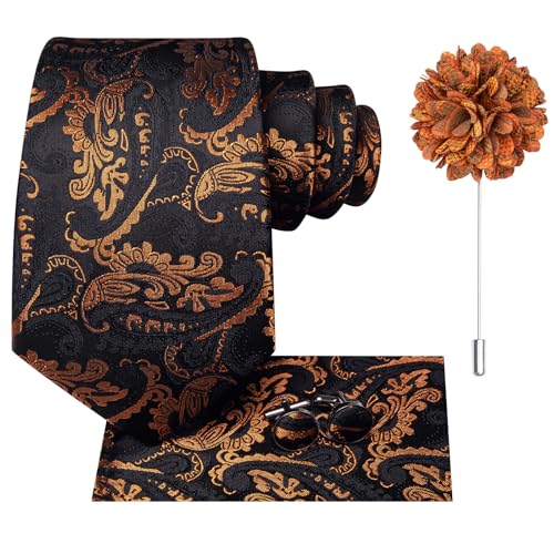 Hi-Tie Men's Silk Ties Formal Woven Classic Necktie Pocket Square Cufflinks Lapel Pin Set Wedding Business - color: Black and Copper