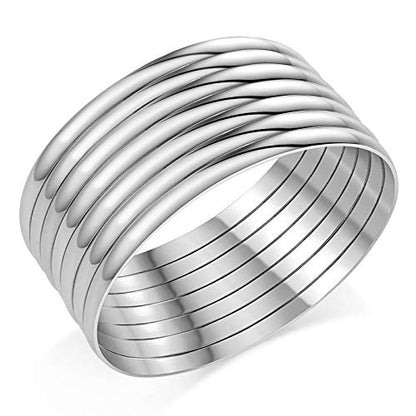 Castillna Glossy Plain Stainless Steel Bangle Bracelets Set for Women, Silver, Set of 7 Pieces - style: 9 inches