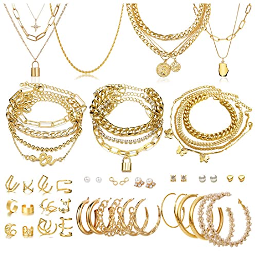 60 PCS Gold Jewelry Set with Multi-Layered Bracelet Necklace, Dangle Earrings, Stackable Ring For Women Valentine Anniversary Jewelry Pack Gifts For Her - color: GOLD