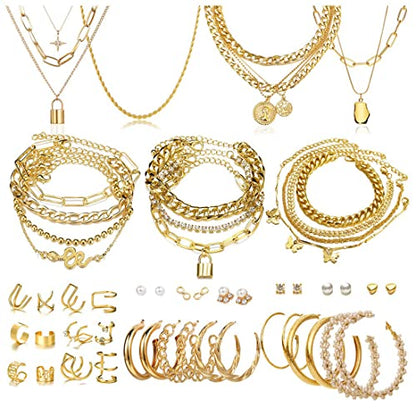 60 PCS Gold Jewelry Set with Multi-Layered Bracelet Necklace, Dangle Earrings, Stackable Ring For Women Valentine Anniversary Jewelry Pack Gifts For Her - color: GOLD