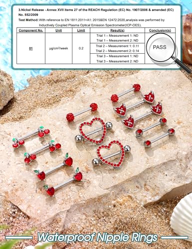 JOERICA 6 Pairs 14G Nipple Rings for Women 316L Stainless Steel Heart Butterfly Moon CZ Flower Barbell Nipple Rings Set Cute Nipplerings Piercing Jewelry - color: Red Tone