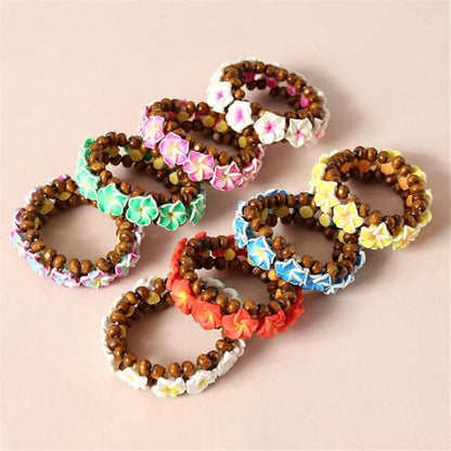 Hawaiian Plumeria Rubra Wooden Beaded Bracelet for Women Boho Polymer Clay Plumeria Flower Stretch Bracelet Summer Beach Jewelry - color: Hot Pink