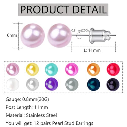 12 Pairs Colorful Pearl Stud Earrings for Women Stainless Steel Small Studs Set - color: 6mm