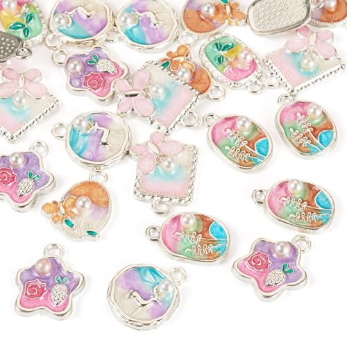 24Pcs Alloy Enamel Butterfly Flower Charms Silver Plated 3D French Style Oil Painting Pendants Vinatge Floral Pearl Bead Charms for Bracelet Necklace Earring - color: Silver Plated, 6 Styles