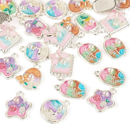 24Pcs Alloy Enamel Butterfly Flower Charms Silver Plated 3D French Style Oil Painting Pendants Vinatge Floral Pearl Bead Charms for Bracelet Necklace Earring - color: Silver Plated, 6 Styles