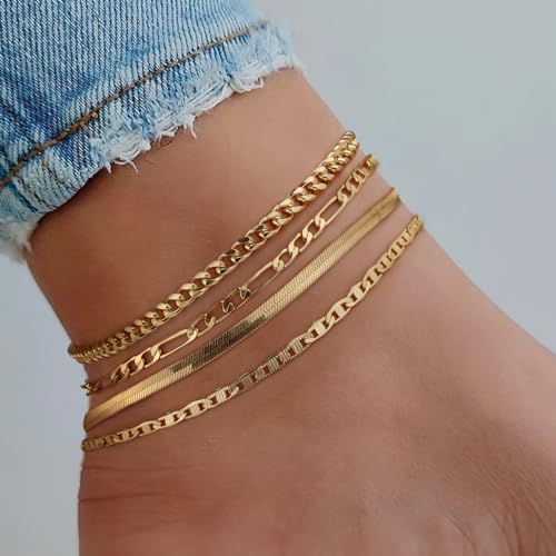 Rotnso Anklets for Women 14K Gold Silver Plated Ankle Bracelets Trendy Waterproof Boho Anklets Set Adjustable Dainty Cute Diamond Beaded Heart Non Tarnish Summer Beach Jewelry Gift - style: 4Pcs Cuban&Mariner-GD