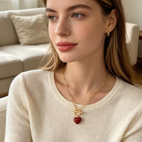 Teardrop CZ Pendant Paperclip Chain Necklace 18K Plated Paperclip Toggle Necklace Jewelry Birthstone Gift for Women - color: Red patterned