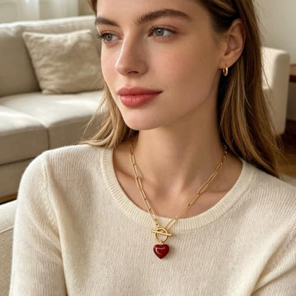 Teardrop CZ Pendant Paperclip Chain Necklace 18K Plated Paperclip Toggle Necklace Jewelry Birthstone Gift for Women - color: Red patterned