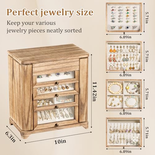 Large Jewelry Box & Organizer for Women, Wooden Jewelry Storage with 4 Transparent Drawers, Holds Necklaces, Rings, Bracelets, Earrings and Watches(Brown) - color: Rustic Brown