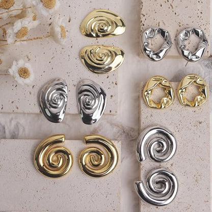 Jean Beau Chunky Gold Stud Earrings for Women Trendy Gold Plated Dangle Drop Prom Birthday Fashion Office Jewelry Gift - color: Silver Swirl