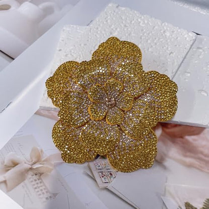 Rhinestone Flower Brooch Pin for Women Men Elegant Sparkly Crystal Camellia Floral Lapel Pins Shawl Dress Suit Clothes Accessories Wedding Party Fashion Jewelry 105mm - color: Gold