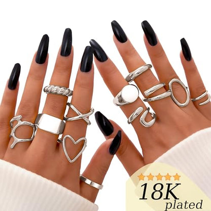 FAXHION 12PCS Gold Stackable Rings Set for Women, 18K Gold Plated Open Stacking Knuckle Ring, Adjustable Chunky Signet Band Statement Ring for Gift - color: 1-Silver-12pcs