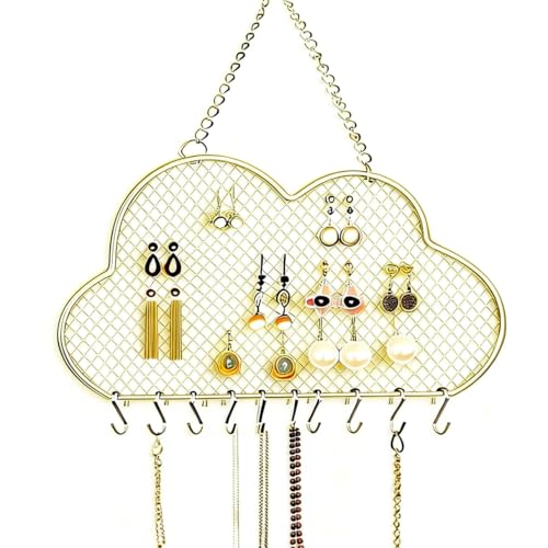 Heshouer Cloud-shaped Earring Wall Holder, Gold | Wall Mounted, 10 Hooks & Small Grid, Hanging Display Stand, For Earrings Necklace, Decorative Bedroom Closet Home Decor - size: Cloud-shaped