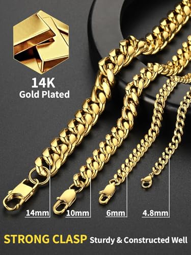ChainsHouse Miami Cuban Link Chain Necklace for Men, Stainless Steel | 4.8/6/10/14mm Widths, Black/14K Gold Plated Finishes, Hip Hop Style, Daily Wear, Gift Box Included - color: Gold Plated
