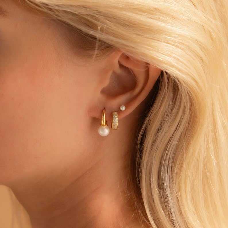 Pearl Earrings for Women 14K Gold Freshwater Pearl Hoop Earring Dangle Drop Wedding Earrings Bridal Bridesmaid Jewelry Gifts for Women - color: Gold pearl-13632