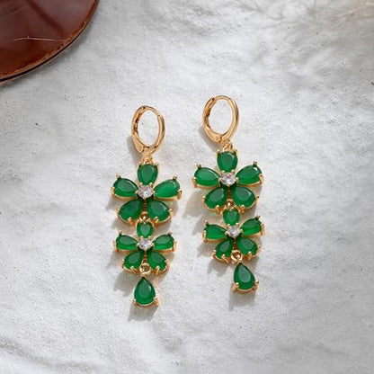 18K Gold Plated Flower Dangle Earrings for Women, Hypoallergenic Cubic Zirconia Earrings, Elegant CZ Drop Earrings, Statement Jewelry Gifts Party Fashion - style: 7098-Flower-Green