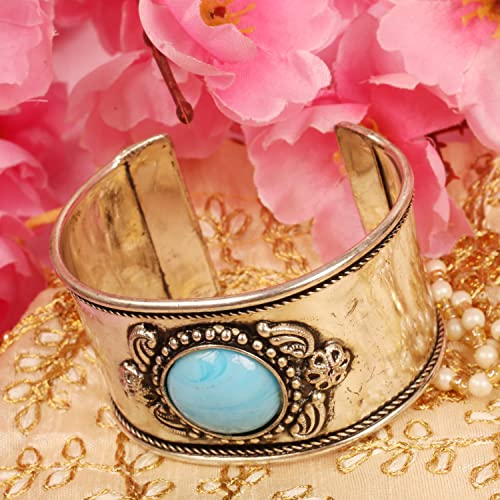 Touchstone Indian Bollywood Desire Brass Base Exotic Workmanship Free Size Cuff Bracelet in Antique Gold Or White Or Copper Tone for Women. - style: D121 Turquoise
