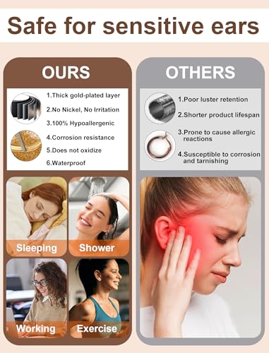 5 Pairs Huggie Hoop Earrings, Cubic Zirconia 14K Gold-Plated 316L Surgical Steel, Hypoallergenic Lightweight Design for Women & Men Cartilage & Multi-Piercing Stacking(13-21mm) - color: J+gold+green