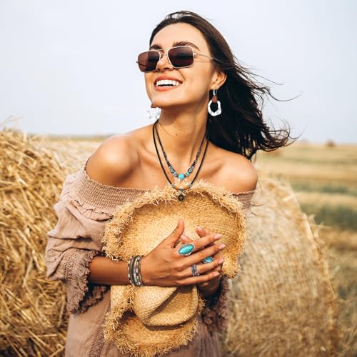Ecally Bohemian Western Jewelry Turquoise Set Women Country Pendant Long Choker Layered Bracelets Earrings Ring for Women - color: Turquoise, style: Artistic
