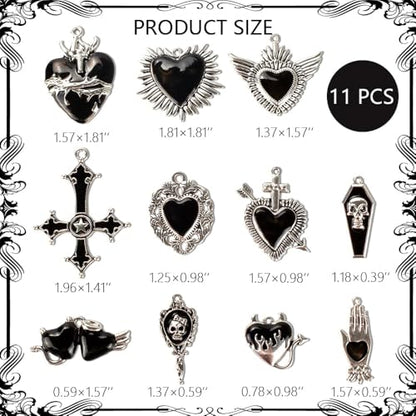 Giata11 Pcs Large Gothic Style Black Cross Skull Tombstone Heart Pendants Goth Halloween Charms for Jewelry Pendants Making DIY Craft Supplies - color: Black