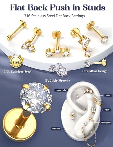 LOLIAS Hypoallergenic Gold Threadless Flat Back Stud Earrings for Women | 20G 18G 16G Surgical Steel Earrings Push in Nose Studs CZ Cartilage Earring Set Labret Helix Tragus Conch Piercing Jewelry - color: 14K Gold, size: 16G(1.2MM)-CZ