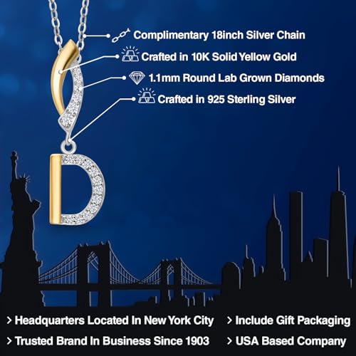 Gem Stone King Initial Pendant Necklace Letter A to Z Alphabet | 10K Yellow Gold and 925 Sterling Silver | White Lab Grown Diamond | Gift Women Mother's Day Wife Mom Girlfriend Anniversary Birthday | - style: Initial D