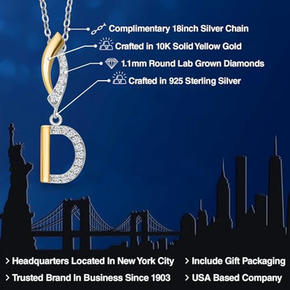 Gem Stone King Initial Pendant Necklace Letter A to Z Alphabet | 10K Yellow Gold and 925 Sterling Silver | White Lab Grown Diamond | Gift Women Mother's Day Wife Mom Girlfriend Anniversary Birthday | - style: Initial D