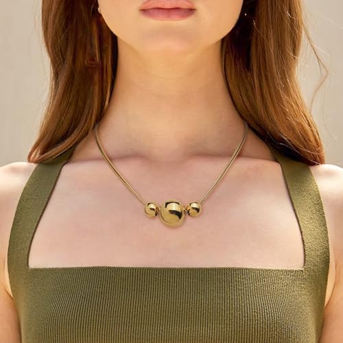 Gold Pendant Pearl Layered Choker Necklace Set for Woman, Chunky Charm Adjustable Pearls Bead Gemstone Shell Conch Tiger Eye Natural Stone Bow Chain Nacklaces Fall Fashion Prom Jewelry Gift. - color: Gold Balls
