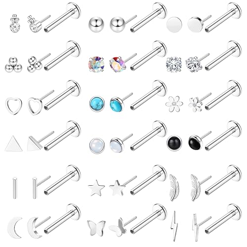 YADOCA 18Pairs Hypoallergenic Threadless Flat Back Earrings for Women 20G | Surgical Steel Push in Nose Stud Rings Labret Cartilage Lip Rings Medusa Nostril Conch Tragus Piercing Jewelry - color: A:Stud, size: 20G-6MM