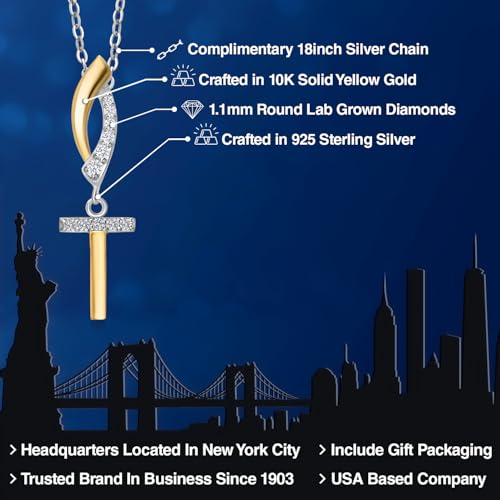 Gem Stone King Initial Pendant Necklace Letter A to Z Alphabet | 10K Yellow Gold and 925 Sterling Silver | White Lab Grown Diamond | Gift Women Mother's Day Wife Mom Girlfriend Anniversary Birthday | - style: Initial T