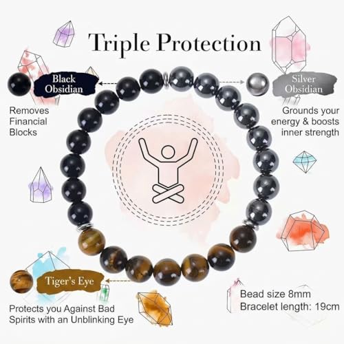 8MM Beaded Stretch Bracelet Gift Set-Natural Healing Crystal | Handmade, Ideal Gift,Unisex, Various Natural Stone ,For Healing&Stress Relief&Money&Protection, For Meditation & Yoga - color: Black