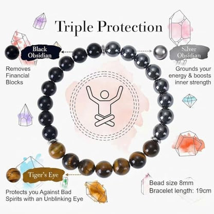 8MM Beaded Stretch Bracelet Gift Set-Natural Healing Crystal | Handmade, Ideal Gift,Unisex, Various Natural Stone ,For Healing&Stress Relief&Money&Protection, For Meditation & Yoga - color: Black