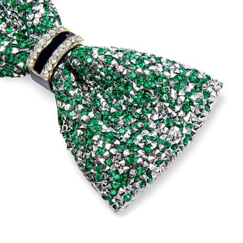 DiBanGu Mens Rhinestone Bow Tie with Ring and Lapel Pin Set | Adjustable Strap,Pre-tied Style,3PCS,Sequin Diamond Bowties，Solid/Mix Color,Shiny Accessory,for Party Prom Banquet Wedding - color: Green and Silver