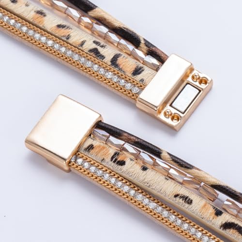 Boho Chunky Leather Wrap Bracelets Stackable Beaded Western Country Jewelry | Crystal Bead Trendy Layered Cuff Magnetic Clasp Stack Bohemian Statement Costume Outfits Cowgirl Fashion Hippie Accessories - color: Leopard, size: 7.7"
