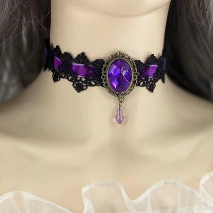 Dainty Black Lace Crystal Choker Necklace Lace Gothic Choker for Women for Halloween Weeding Costume Party Prom Vampire Choker - color: Purple