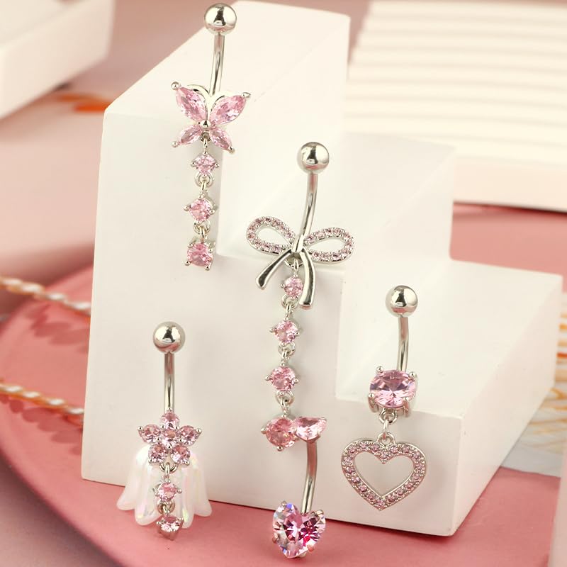 5PCS Crystal Belly Button Ring for Women Dangle Navel Belly Piercing Jewelry Cute Bow Butterfly Heart Angel wings Navel Belly Rings 14G Silver Surgical Steel Belly Button Stud - color: Pink-5pcs