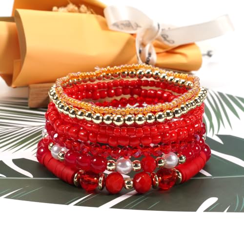 7Pcs Bohemia Multilayer Stackable Crystal Beaded Bracelet Set Multicolor Surfer Heishi Clay Gold Beaded Friendship Stretch Bracelets for Women Men Summer Beach Boho Vacation Jewelry Gifts - color: Z-Red