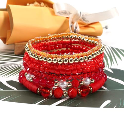 7Pcs Bohemia Multilayer Stackable Crystal Beaded Bracelet Set Multicolor Surfer Heishi Clay Gold Beaded Friendship Stretch Bracelets for Women Men Summer Beach Boho Vacation Jewelry Gifts - color: Z-Red