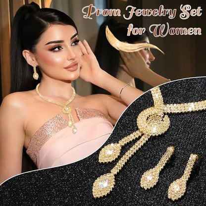 Rhinestone Jewelry Set Crystal Pearl Necklace Bracelet Earrings | Sparkly Necklace Dangle Earrings,Wedding Prom Formal Costume Jewelry Sets for Women - color: Gold4