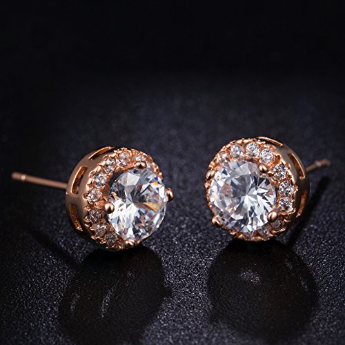 MDFUN Halo Stud Earrings 18K Gold Plated 5A+ Cubic Zirconia Round Earrings Hypoallergenic Ears Jewelry for Women Men - color: Rose Gold