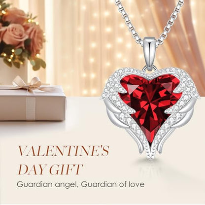 CDE Angel Wings Heart Birthstone Pendant Necklace Gift for Women | Silver/Gold Tone,Ideal Birthday & Anniversary Jewelry Gift for Wife,Girlfriend,Her - color: White-01&07-Ruby Red Birthstone