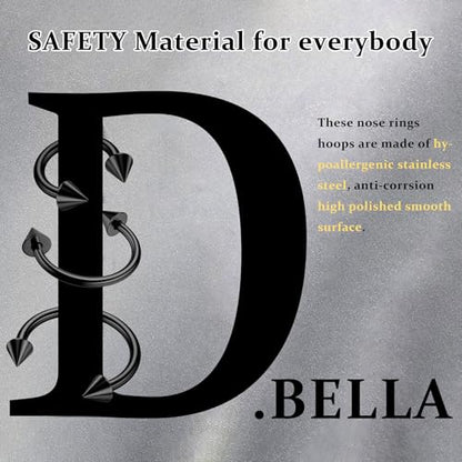 D.Bella 16G Horseshoe Septum Ring Surgical Steel Nose Hoop CZ Earring Eyebrow Lip Tragus Helix Daith Piercing Jewelry for Women Men 8-12mm - color: black